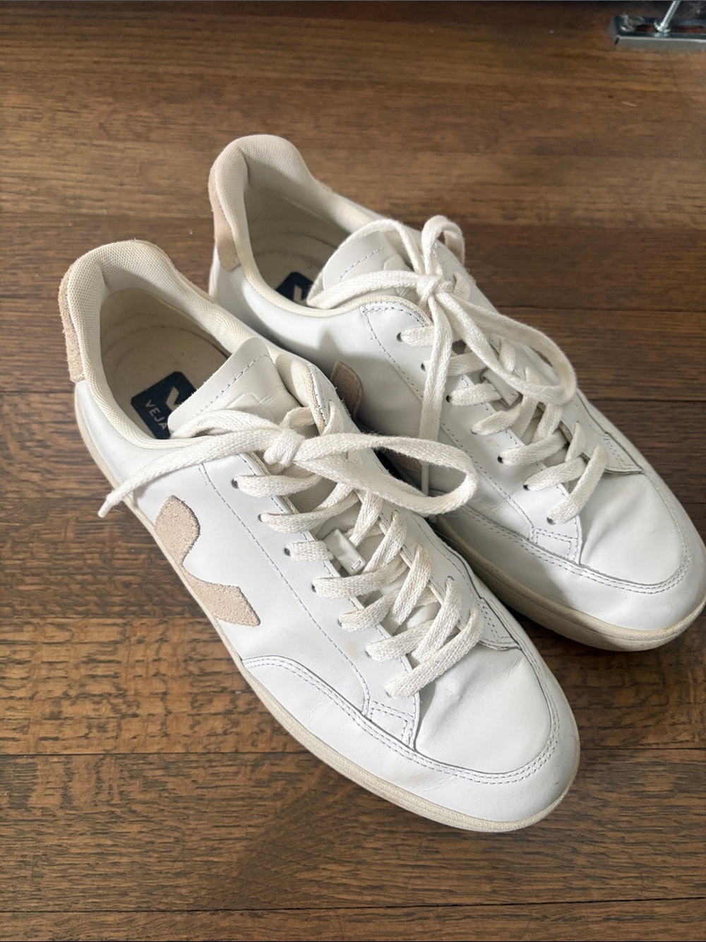 Veja White Leather Sneakers with Beige Suede V Logo
